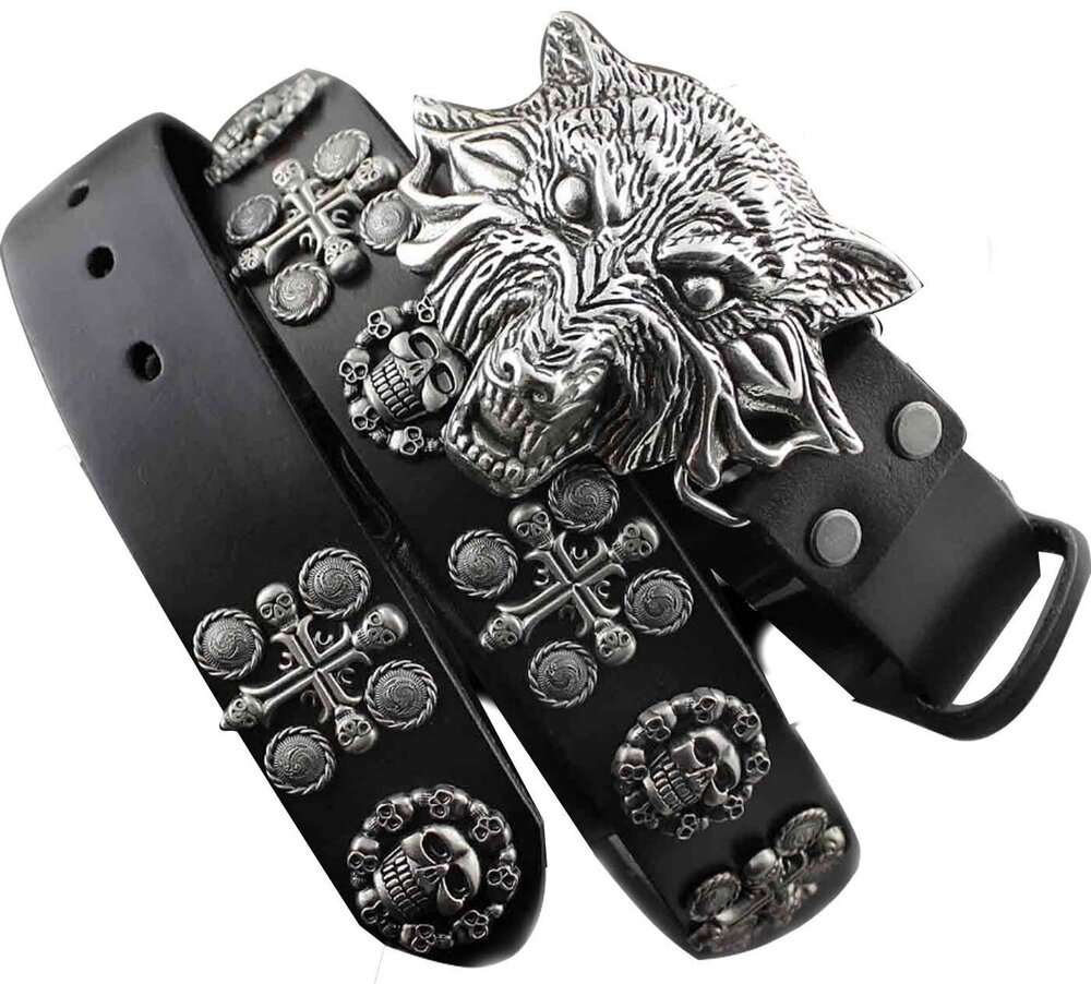 7498 Cool! Wolf Head Metal Buckle Punk Biker Rocker Skull Rivet Leather